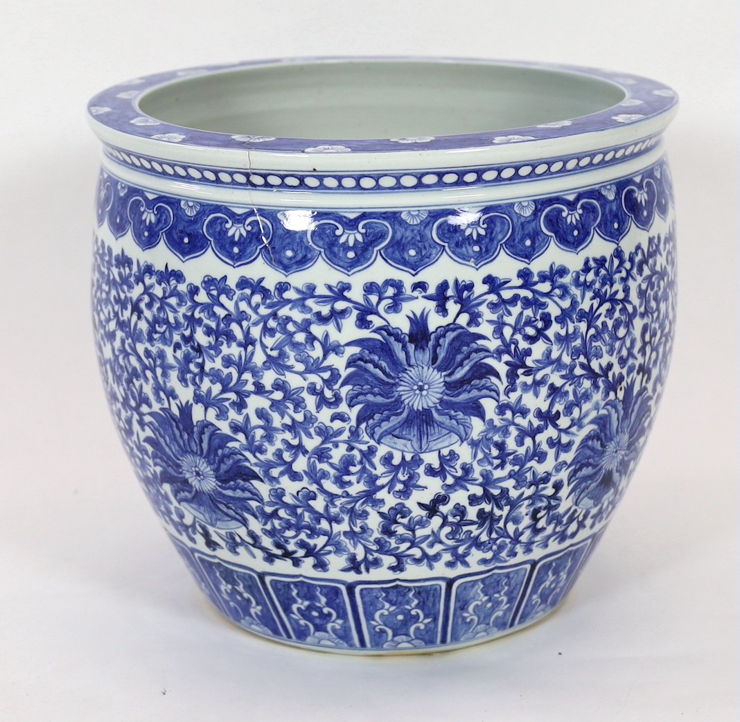 A Chinese blue and white ‘fish’ bowl, 20th century, 44cm diameter 38cm high